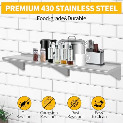 12" D x 60" W Stainless Steel Wall Mounted Shelves, Floating Shelving with Brackets, Commercial Shelf Perfect for Restau
