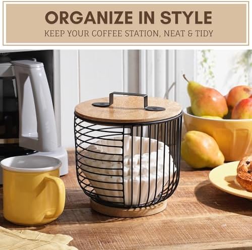 Coffee Filter Holder for Counter with Wooden Lid - Round Black Wire Coffee Pod Storage Container Basket for Kitchen Coun