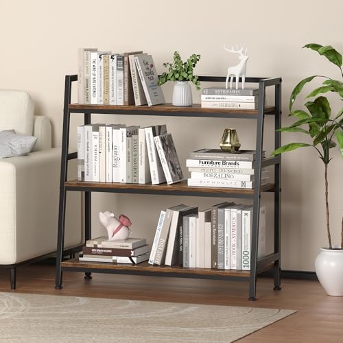 3-Tier Bookshelf, 31.4" Wide Ladder Shelf, Stand up Shelves, Industrial Bookcase with Steel Frame, Metal Small Bookcase,