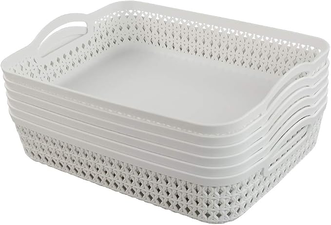 White Plastic Storage Basket Tray, Pack for 6 (Large)