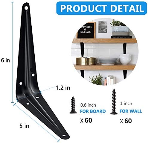 20 Pack Shelf Brackets 6 x 5 Inch, Heavy Duty Black Metal Floating Shelf Bracket, Rustic Farmhouse Decorative Iron L Bra