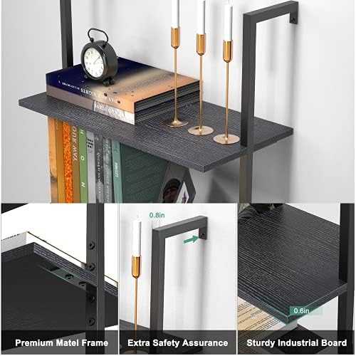 Ladder Shelf Bookshelf, 5-Tier Industrial Bookshelf with Metal Frame and Wood Board, Wall Mounted Bookcase Open Shelf Or