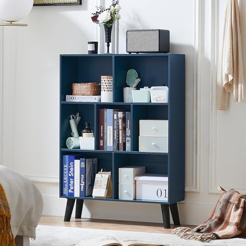 LEYAOYAO Cube Bookshelf, Mid-Century Modern Book Shelf with Legs, Dark Blue