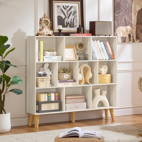 LEYAOYAO 10 Cube Bookshelf,Mid-Century Modern Bookcase with Legs,Light Grey