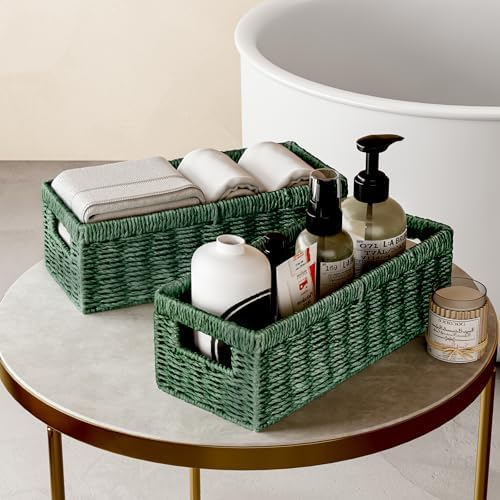 Vagusicc Wicker Storage Basket, Paper Rope Wicker Baskets with Handles, Toilet Paper Basket for Toilet Tank Top, Small Wicker Baskets for Organizing Shelves, 2-Pack, Green
