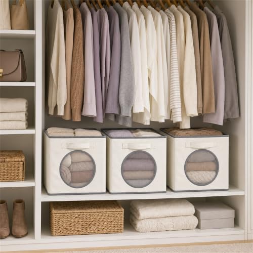 Fabric Storage Cubes with Mesh Window, 11'' Cube Storage Bin, Ivory, 4 Pack