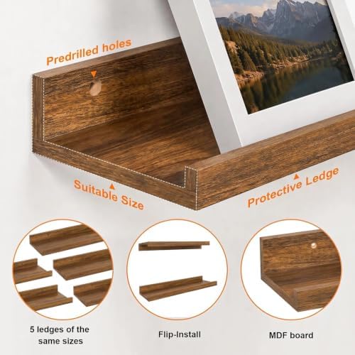 24inch Long Floating Shelves for Wall Decor, 5-Set Shelves with Lip, Brown