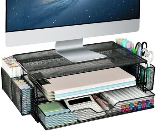 AUPSEN 2 Tier Computer Monitor Stands with Drawer and 2 Pencil Holder, Metal Monitor Stand Monitor riser, Computer Desk 