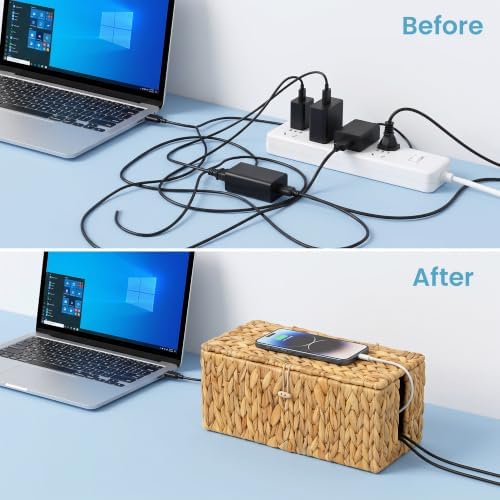 efluky 2 Pack Water Hyacinth Floor Cord Covers with Lid, Hand-woven Cable Management Box, 2 Open Slots Cord Box to to Hi