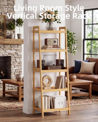 SMIBUY Bamboo Ladder Bookcase, Bathroom Storage Rack Organizer, 4 Tier and 5 Tier Freestanding Plant Display Stand Space