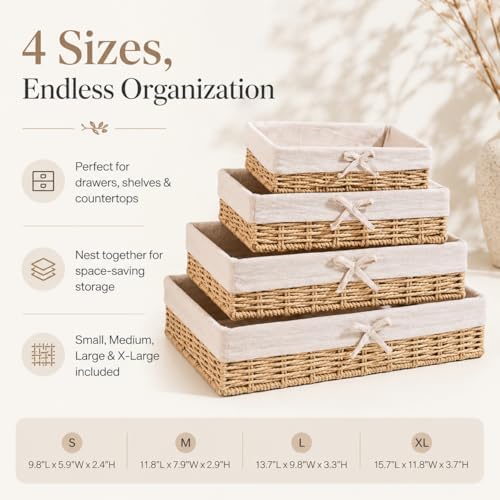 Lined Baskets for Shelves, Set of 4 Woven Paper Rope, Khaki