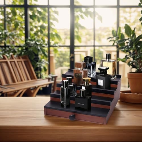 4 Tier Men's Cologne Organizer, Two-Tone Wooden Stand with Drawer Storage