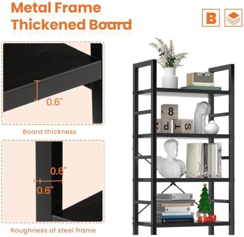 Sweetcrispy 5 Tier Bookshelf, Bookcase Shelf Storage Organizer, Black