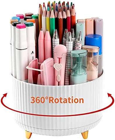 Desk Pencil Pen Holder, 5 Slots 360°Degree Rotating Pen Organizers for Desk, Desktop Storage Stationery Supplies Organizer, Cute Pencil Cup Pot for Office, School, Home, Art Supply, White