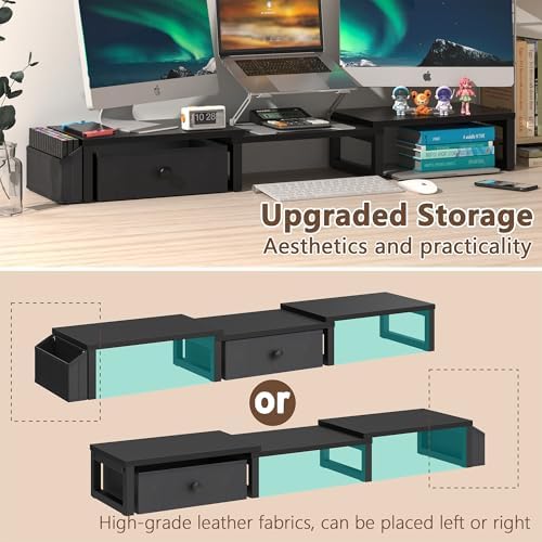 LAND·VOI Dual Monitor Stand with Drawer and Side Pockets, Monitor Riser for Desk, Home Office Desk Storage, Multi-Scenar