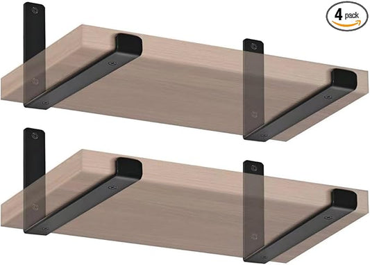 4 Pack - 11.25" L x 6" H x 1.5" W J Lip Shelf Brackets Rustic Farmhouse Iron Wall Floating Shelf Bracket Metal Shelf Bracket Industrial Shelf Supports with Screws Black