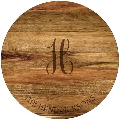 Engraved Family Name and Script Initial Personalized Lazy Susan, 16" Rotating Tray Brown