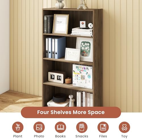 4-Tier Engineered Wood Bookshelf, Space Saving Bookshelf with 3 Shelves, 9 Inch Deep Bookcase with Storage, Book Shelves