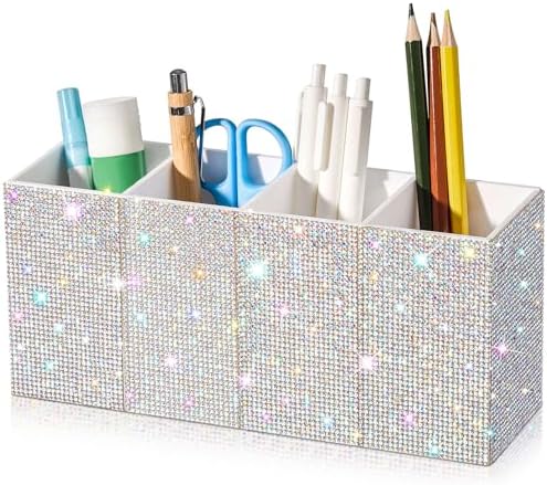 Rhinestone Desk Organizer, White Pen Makeup Brush Holder
