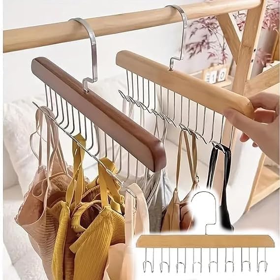 Lazer Wooden Clothes Hanger with 8 Adjustable Hooks | Multi-Purpose Wardrobe & Cupboard Organizer for Lingerie, Belts, S