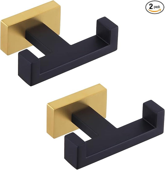 APLusee Double Bath Towel Hook 2 Pack, Solid Stainless Steel Square Dual Coat Holder, Modern Bathroom Kitchen Storage Hanger Wall Mounted, Black & Gold