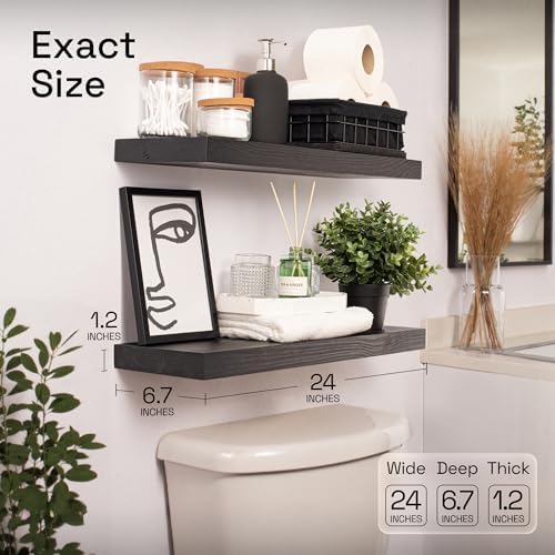 Solid Wood Floating Shelves for Wall 24 inch Black, Wooden Bathroom Shelf