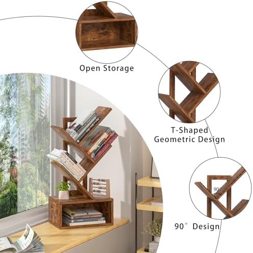 SHEEPAM 5 Tier Tree Book Case, Small Bookshelf with Shelf