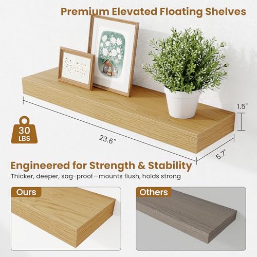 Fun Memories Floating Shelves Set of 2, 24 Inch Floating Shelves for Wall, Wood Wall Shelves with Invisible Brackets, fo