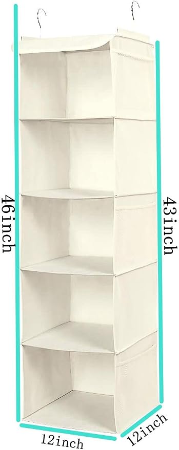 BrilliantJo 5 Shelves Hanging Closet Organizer, 2 Pack Hanging Storage with 6 Side Pockets for Clothes Shoes, 43"x12"x12"(Beige)