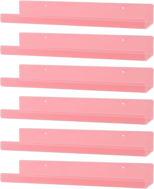Dezzer 6 Pack Acrylic Shelves for Wall, 15" Acrylic Floating Shelves for Bathroom Bedroom, Invisible Bookshelf Wall Ledge Storage Shelf Books Perfume Toys Action Figure Display Shelves, Pink