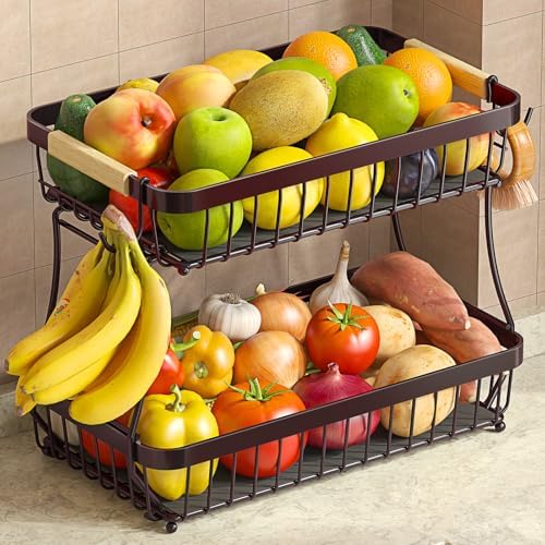 Sevenblue 2-Tier Fruit Basket with Banana Hangers, Detachable Metal Bowl