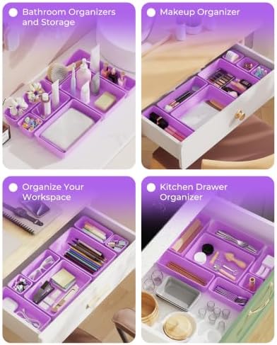 BiuLeon 25 PCS Plastic Drawer Organizers Set, 4-Sizes Vanity and Makeup Organizer, Desk and bathroom Drawer Organizer Trays, Organizers and Storage for Makeup, Jewelry, Gadgets, Utensils (Purple)