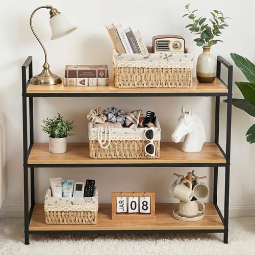 Wicker Storage Baskets, Handwoven Paper Rope Organizer Bins with Removable Floral Liner, Large for Bathroom, Pantry, She