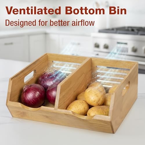 HOMESTEAD Stackable Solid Wood Storage Bins for Pantry & Countertop, Ventilated Potato and Onion Organizer with Handles,