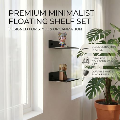 Z metnal 2 Pack 6 Inch Metal Floating Shelves with Safety Lip, Small Wall Mounted Shelf Holds Up to 5 Lbs, Matte Black L
