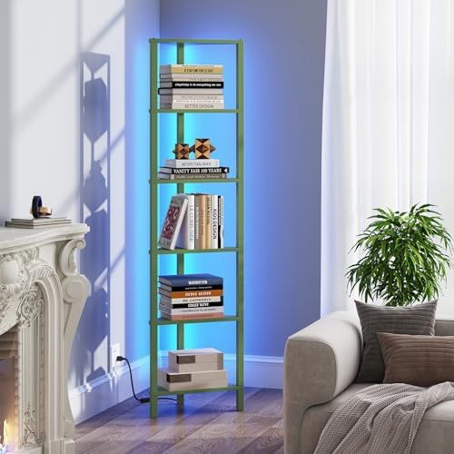 TUTOTAK Corner Shelf with LED Light, 6-Tier Corner Bookshelf