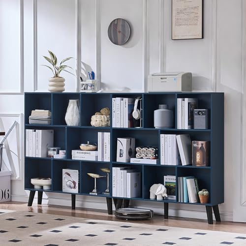 LEYAOYAO 8 Cube Bookshelf,Mid-Century Modern Book Shelf with Legs,Dark Blue