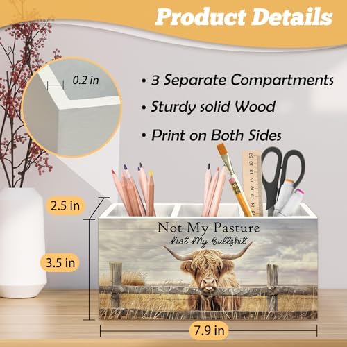 Highland Cow Pen Holder Organizer for Desk Accessories, Farmhouse Western Animal Wooden Box Sign Desk Decorations for Office School, Highland Cow Gifts for Women