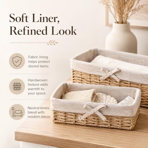 Lined Baskets for Shelves, Set of 4 Woven Paper Rope, Khaki