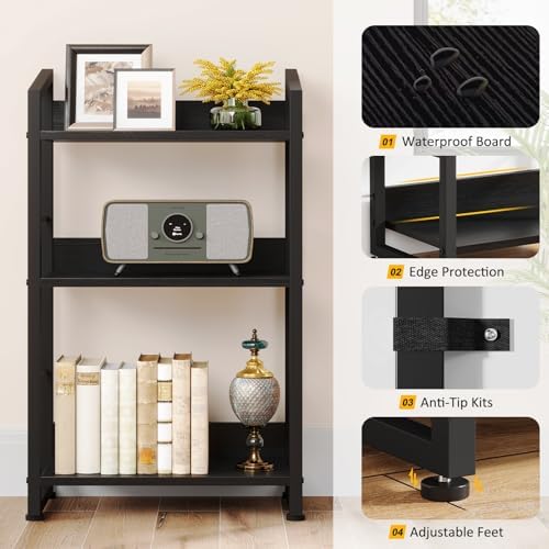Hosfais Book Shelf Small Bookshelf: 3-Tier Wood Bookcase Industrial Bookshelf with Edge Protection Metal Narrow Bookcase