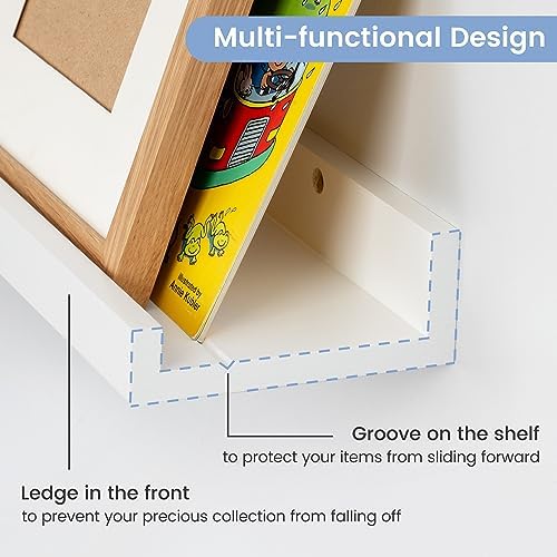 Picture Ledge Shelf for Wall, 16 inch Solid Pine Wood Nursery Book Shelves 2 Packs, Floating Ledge Shelves for Kids' Room Bedroom Bathroom Living Room Photo Frames Office Nursey Wall Decor, White