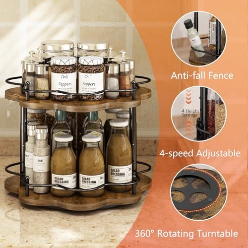 2 Tier Lazy Susan Organizer,2-Tier Spinning Spice Rack with Stable Carousel Base & 4 Height Settings for Cupboard Kitche