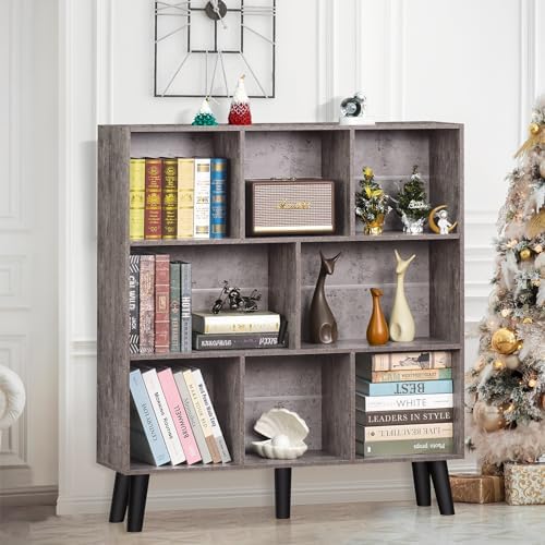 LEYAOYAO 8 Cube Bookshelf,Mid-Century Modern Bookcase with Legs,Dirty Grey