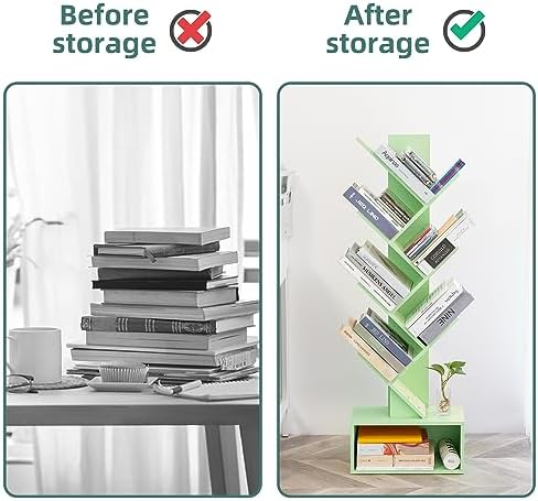 Yoobure Tree Bookshelf - 6 Shelf Retro Floor Standing Bookcase, Tall Wood Book Storage Rack for CDs/Movies, Utility Book