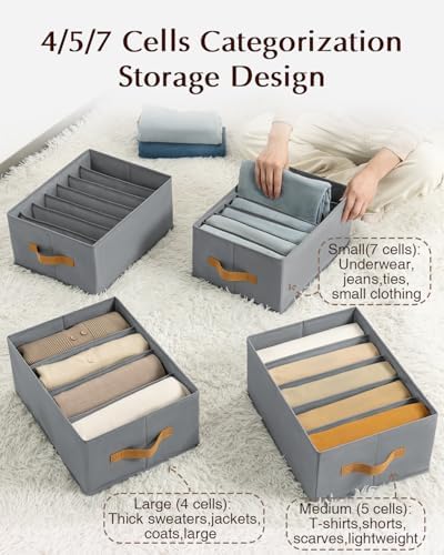 Homsorout Clothes Organizers and Storage - 4/5/7 Grids Fabric Jeans Organizer with Handles, Foldable Closet Organizers D