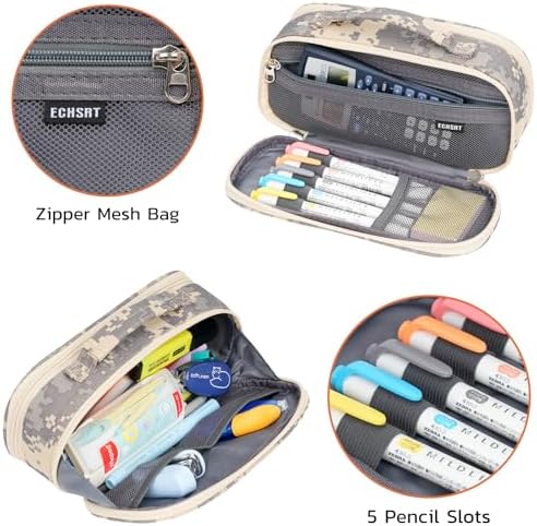 ECHSRT Large Tactical Pencil Case, 3-Compartment Zipper Pouch, Digital Camo