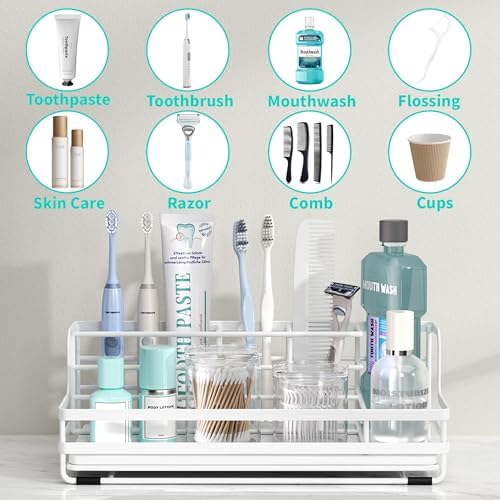 HapiRm Toothbrush Holders for Bathroom - 5 Partitions Bathroom Counter Organizer with Instant Drying Stone, Stainless St