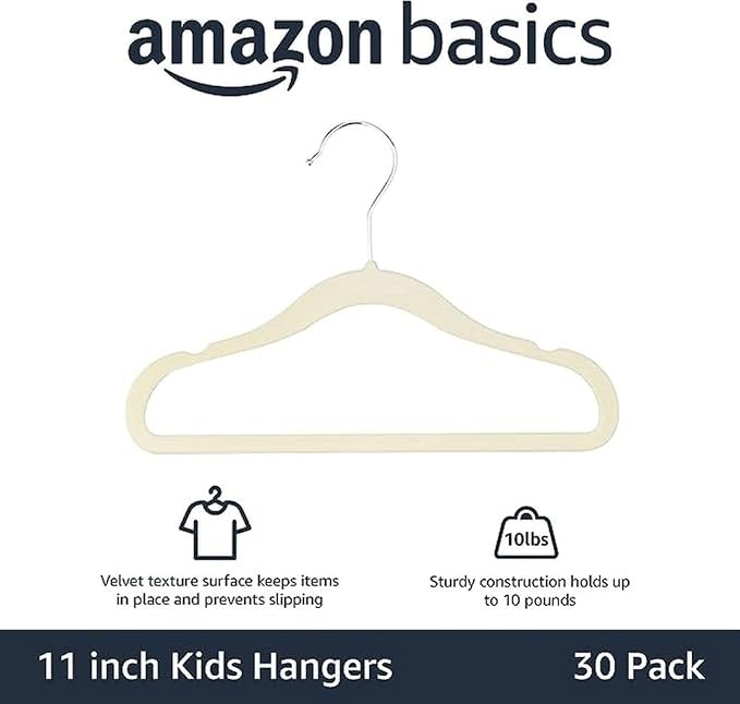 Amazon Basics Kids Space Saving Velvet Non-Slip Clothes Hangers with Shoulder Notches, Sturdy Construction for Closet Organization, 11.6", Beige, 30-Pack