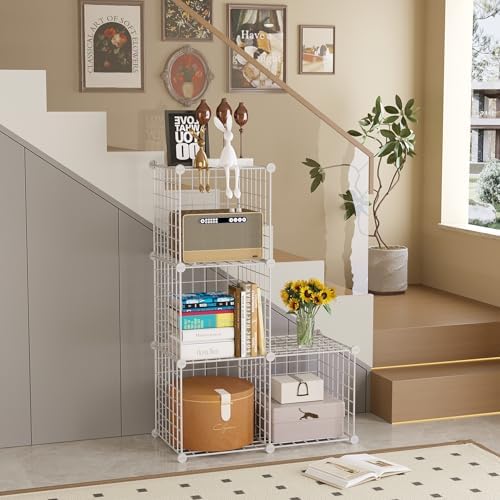 C&AHOME Wire Cube Storage,4-Cube Storage Organizer Metal, Wire Grids, White