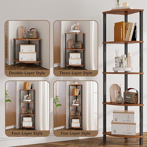 VIMBER Corner Shelf, 5-Tier Corner Bookshelf, Industrial Corner Ladder Shelf, Rustic Display Shelf for Living Room, Bedr